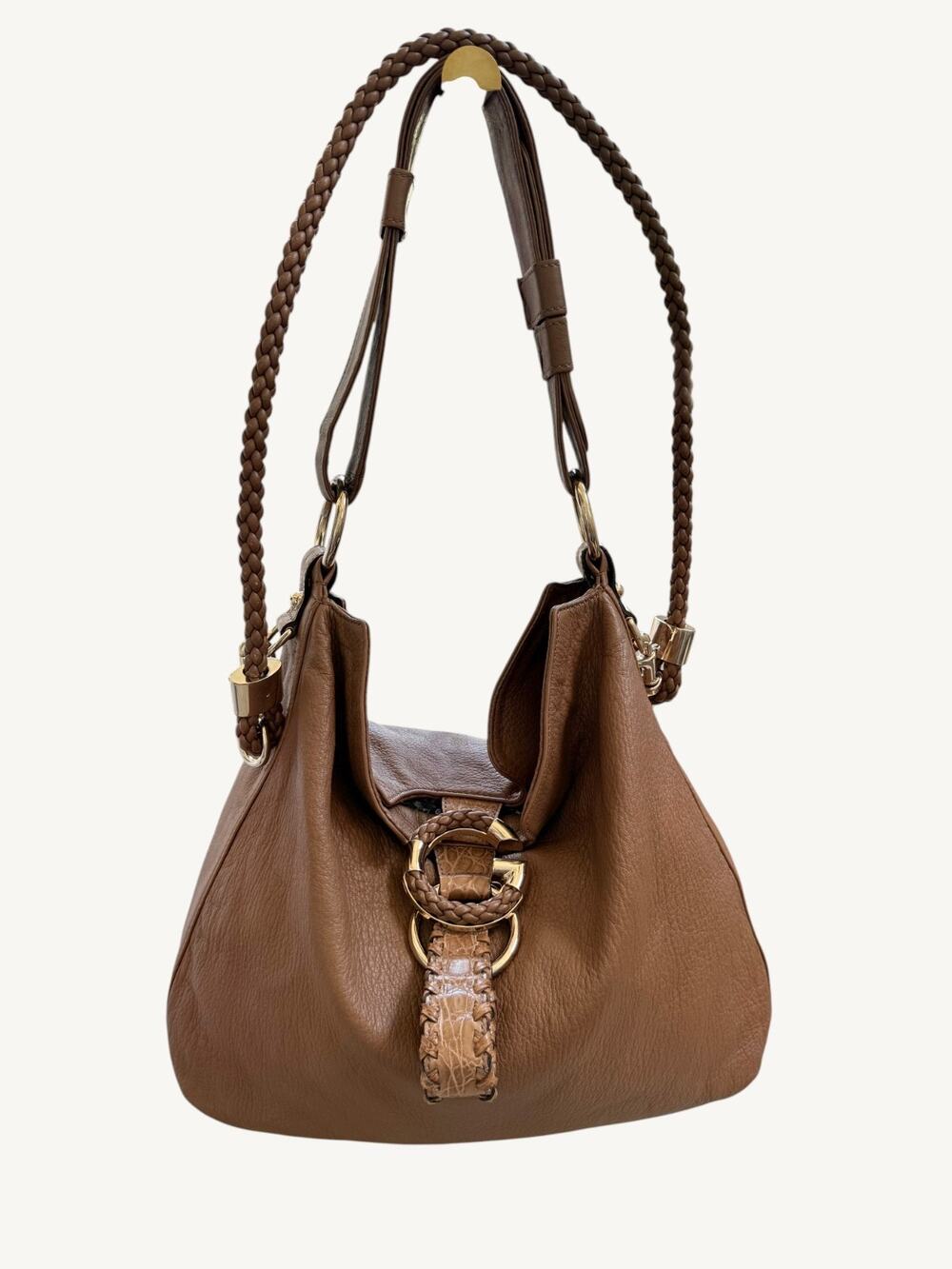 Gucci G Wave Large Hobo Bag Brown Pebbled Leather Rare Crocodile Trim 232931